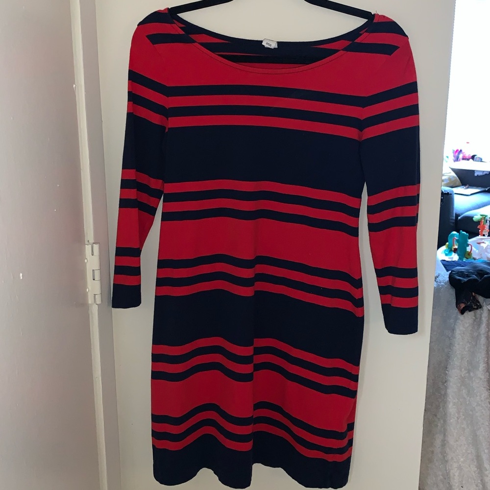 Long sleeve red and navy striped dress